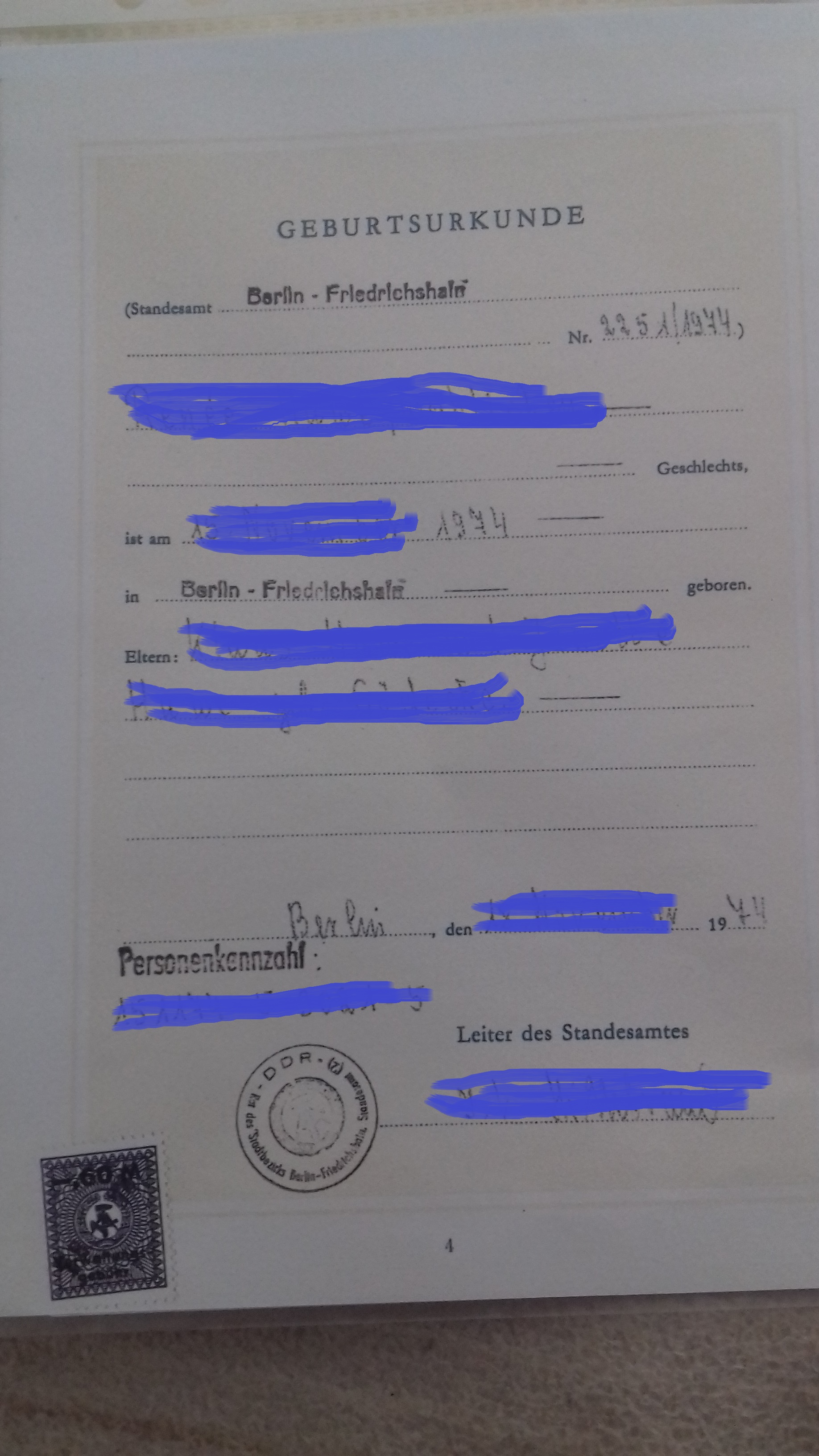 Geburtsurkunde, Namen verdeckt